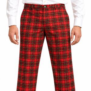Mens 36 Red Black Tartan Plaid Cotton Dress Pants Straight Fit Handmade Trousers